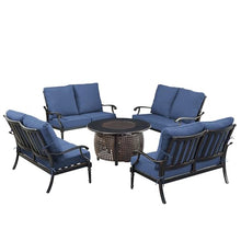 Oakland Living Black Aluminum Patio Fire Table Set with Four Deep Seating Loveseat with Cushions with Blue Cushions