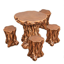 LLZJDDPLY Faux Wood Tree Stump Patio Table Set, Fiberglass Composite Weatherproof Outdoor Table & Stools, 2/3/4-Seat Options, Rustic Garden Coffee Table for Backyard Balcony(1 Table+4 Chairs)