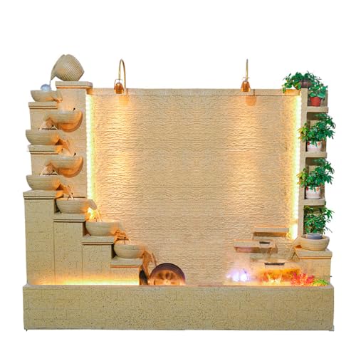 Elegant Stone Waterfall Fountain with LED Lights and Planter Shelves – Dual Sides for Indoor and Outdoor Zen Garden Decoration, 63 inch-79 inch Height Options(D+Beige)