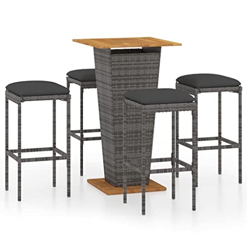 fsahslih 5 Piece Patio Bar Set with Cushions Gray Poly Rattan Outdoor Furniture with Acacia Wood Tabletop and 4 Wicker Bar Stools for Garden Deck Poolside Porch