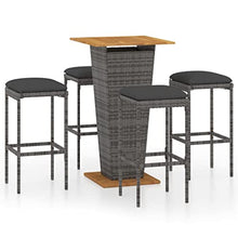 fsahslih 5 Piece Patio Bar Set with Cushions Gray Poly Rattan Outdoor Furniture with Acacia Wood Tabletop and 4 Wicker Bar Stools for Garden Deck Poolside Porch
