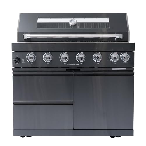 Six Burner LPG Outdoor Kitchen Gas Grill Island Barbecue Station with Infrared Rear Rotisserie Kit, Warming Rack, Temperature Gauge, Halogen Lights, Storage Drawers, Granite Countertops (Black)