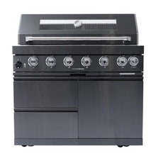 Six Burner LPG Outdoor Kitchen Gas Grill Island Barbecue Station with Infrared Rear Rotisserie Kit, Warming Rack, Temperature Gauge, Halogen Lights, Storage Drawers, Granite Countertops (Black)