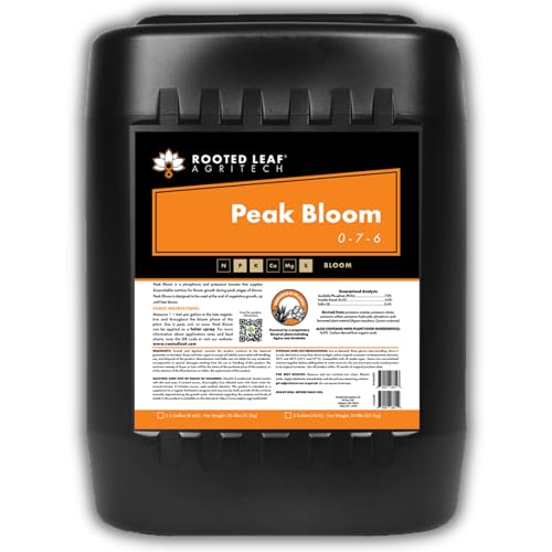 Rooted Leaf Agritech Peak Bloom - Carbon Based Liquid Flower Booster Fertilizer with Phosphorus and Potassium. Nutrition to Help Budding Plants Thrive, Nutrients for Flowering Plant - 5 Gallon