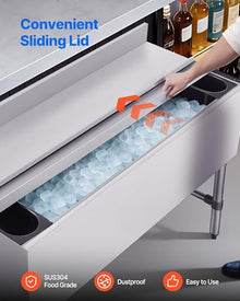 VEVOR Commercial Ice Bin, 137.4 Qt Max Capacity, 48 x 19 x 33 Inch Stainless Steel Ice Chest with Sliding Lid and Bottle Holders, Cooler Cart Cocktail Unit for Bar Restaurant Pub, NSF Certified