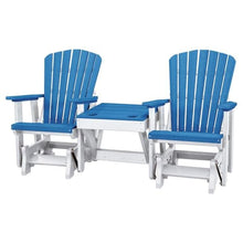 Outdoor Escape Blue Double Glider with Center Table, Blue White, Heavy Duty Polyethylene Patio Bench, Durable Outdoor Furniture