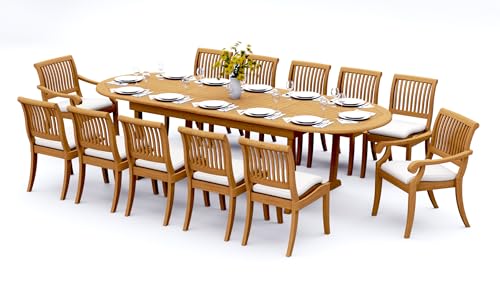 TeakStation 12 Seater Grade-A Teak Wood 13 Pc Dining Set: 118" Double Extension Mas Oval Trestle Leg Table and 12 Arbor Stacking Chairs (2 Arm & 10 Armless Chairs) #31AB2702