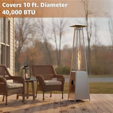 40,000 BTU Steel Portable Propane Outdoor Patio Heater with Glass Flame Tube – Silver Square Pyramid Freestanding Design with Wheels & Easy Ignition – Outdoor Heater for Deck, Patio, Poolside, Events