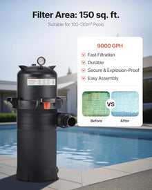VEVOR Cartridge Pool Filter System | 150 Sq. Ft, Compatible with 2.5HP–3HP Pumps, Max Flow 8136 GPH, for Pools Up to 34342 Gallons