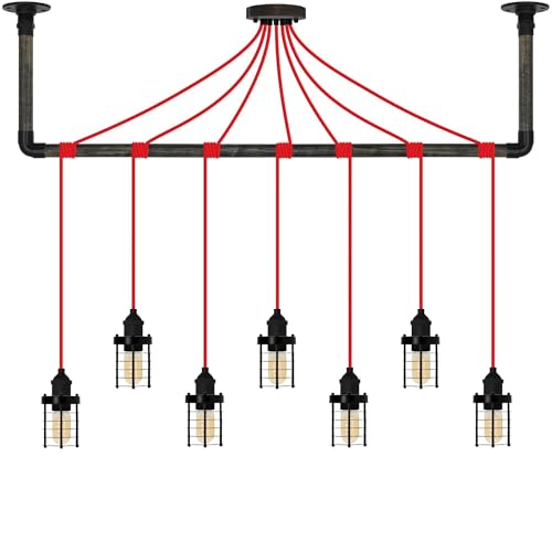 Industrial Red and Black Cage Pendant Light Wrap with Ebony Black Wood Ceiling Bracket - Hangout Lighting - 7 Pendants