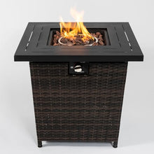 Propane Fire Pit Table with Lid, 50000 BTU Square Outdoor Gas Fireplace, Stainless Steel Burner, Steel Tabletop, Wicker Style Base, Hidden Tank Storage for Patio Deck Garden Backyard
