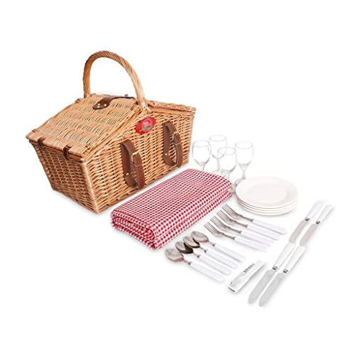 ZYBB Picnic Basket Wicker with Cutlery Picnic Mat with Lid and Handle Storage Basket for 4 People 40X25x41cm