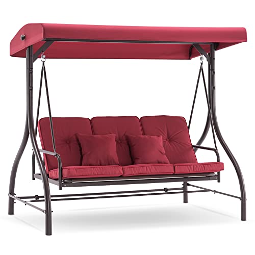 MCombo 3-Seat Outdoor Patio Swing Chair, 2-in-1 Convertible Porch Swing Glider Chair with Removable Cushions, Adjustable Canopy & Pillows for Backyard, Deck, Garden, 4068 (Burgundy)