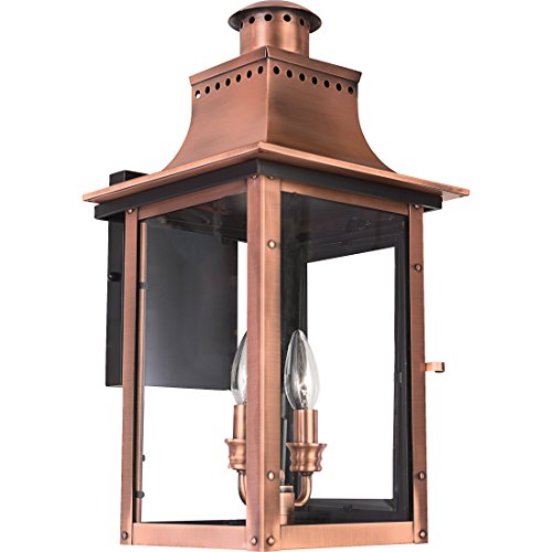 Quoizel Chalmers Outdoor Wall Lantern, 19 Inch 2-Light Aged Copper Vintage Wall Sconce, French Country Wall Light, Clear Glass, 60W Candelabra Bulb, Outside Lights for Patio, Porch, Garage or Yard