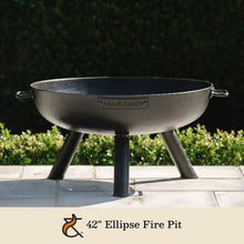 Ash & Ember 42" Ellipse Fire Pit, Heavy-Duty Cast Iron with High-Temp Black Paint, Elevated Stable Design, Integrated Drainage Hole, Outdoor Round Fire Bowl for Woodburning