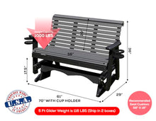 5 FT Gray Amish-Made Porch Glider – 1000 lb Heavy-Duty Poly Lumber wood Roll Back Glider – USA Crafted HDPE Outdoor Seating Furniture - Stainless Steel Hardware – Smooth, Quiet Glide - CupHolders