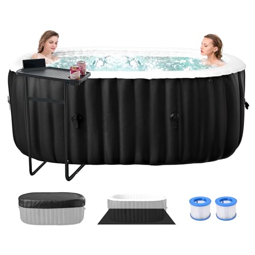 Inflatable Blow Up Hot Tub with Side Table, 2 Person Oval Portable Hot Tub Spa, Leak-Proof PVC Outdoor Spa with 100 Air Jets, Heater Pump and Insulated Cover, 75” L X 47”W X 25”H
