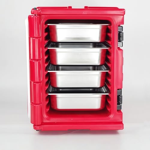 90L Insulated Food Pan Carrier, Wheeled Catering Hot Cold Storage Box, Commercial Grade Insulated Cooler for Restaurant Food Transport (Red,Wheeled 4-Trays, 25.5" L*17.7" W*24.8" H)