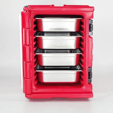 90L Insulated Food Pan Carrier, Wheeled Catering Hot Cold Storage Box, Commercial Grade Insulated Cooler for Restaurant Food Transport (Red,Wheeled 4-Trays, 25.5" L*17.7" W*24.8" H)