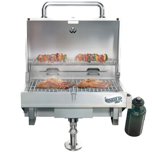 Bunker Up Fishin Stainless Steel Boat Grill with Rod Holder Mount - Great for Boating and Camping - Portable Tabletop BBQ Grill, 12000 BTU Burner, 277 sq.in Grilling Space and 87 sq.in Warming Rack
