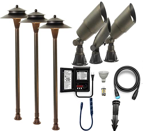 LawnShine Premium Brass Landscape Lighting Kit - 3 Path Lights, 3 Spot Lights with LED Bulbs - Safe & Simple Installation with DIY Plug n’ Play Technology (Midnight Bronze)