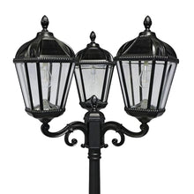 Gama Sonic Royal Bulb Solar Lamp Post Light Kit, 89 inch Tall, Outdoor Triple Head Black Cast Aluminum, Rain Water Glass Light Pole, Warm White 2700K 98B50003 (Upgraded Panel)