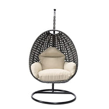 LeisureMod Charcoal Wicker Rattan Hanging Egg Swing Chair for Indoor Outdoor Bedroom Patio with Stand and Cushion (Beige)