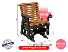 Amish Craftsmanship Made in USA 2FT Heavy Duty Poly Lumber Wood Porch Patio Glider HDPE with No wood fibers Lancaster Series Rollback design 500 lbs Limit With Cupholders Cedar on Black