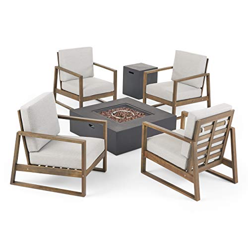Great Deal Furniture Outdoor 4 Seater Chat Set with Fire Pit, Gray Finish, Light Gray, and Dark Gray