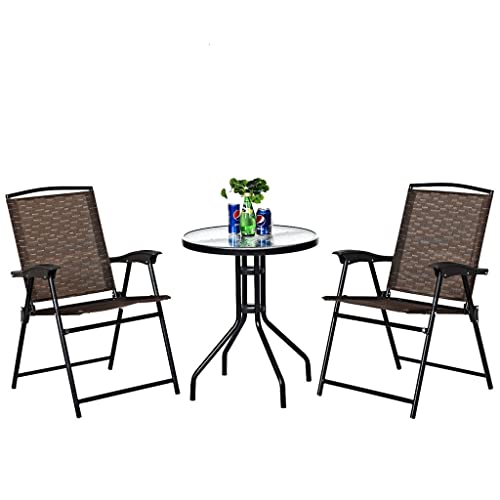 DUYHBAWRS 3PC Bistro Patio Garden Furniture Set 2 Folding Chairs Glass Table Top Steel Round Table