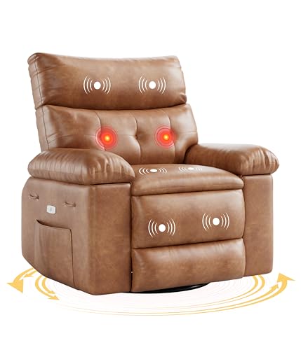 22 Inch Wide Manual Recliner Chair with Heat & Massage, 360° Swivel Rocking Lazy Boy Chair for Adults, PU Leather Single Sofa Recliner with Cup Holder for Living Room, Bedroom & Nursery