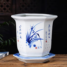 FAFACAI Blue and White Porcelain Flowerpot Chinoiserie Jingdezhen Home Garden Planter Hand Drawn Orchid Pattern Plant Pot with Drainage Hole and Tray for Indoor Outdoor Gardening Plants