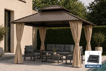 10x12 FT Hardtop Gazebo, Double Roof Galvanized Steel Outdoor Patio Pavilion, Heavy Duty Metal Frame Pergola with Breathable Mosquito Netting & Privacy Curtains for Backyard, Deck, Lawn, Brown