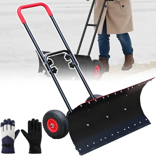 Pro Snow Pusher Shovel for Driveway with Wheels, 42cm Wide Heavy Duty Push Snow Plow Shovel, Wheeled Rolling Snow Pusher for Snow Removal Adjustable Angle & Height Handle
