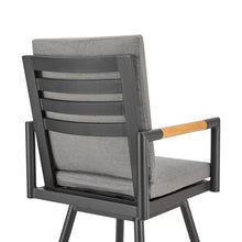 Armen Living Crown Outdoor Patio Swivel Bar Stool Black Aluminum with Wood Accent Dark Gray