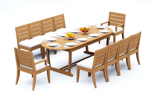 TeakStation 10 Seater Grade-A Teak Wood 11 Pc Dining Set: 94" Mas Oval Trestle Leg Table and 10 Atnas Chairs (2 Arm & 8 Armless Chairs) #31AT2302