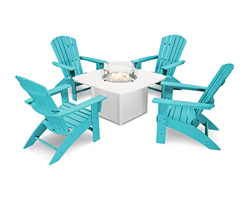 POLYWOOD Nautical 5-Piece Curveback Adirondack Chair Conversation Set with Fire Pit Table
