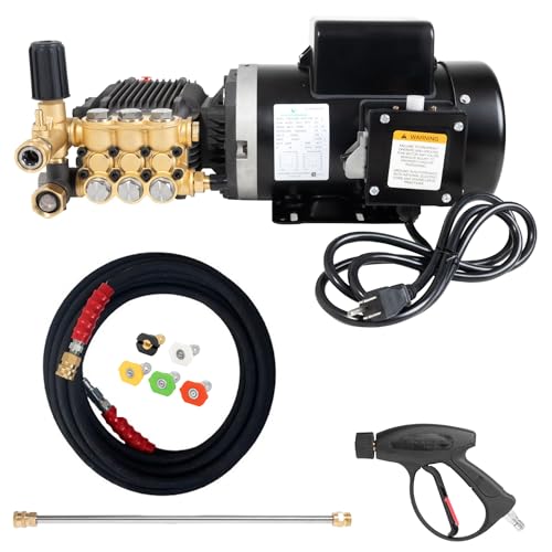 Canpump 1500 PSI 2.2 GPM Pressure Washer Pump Assembly with 2 HP 120 V Motor – Triplex Pump, External Unloader – Includes 30-ft Hose, Spray Gun, Wand & 5 Nozzles – For Cars, Driveways, Decks & Patios