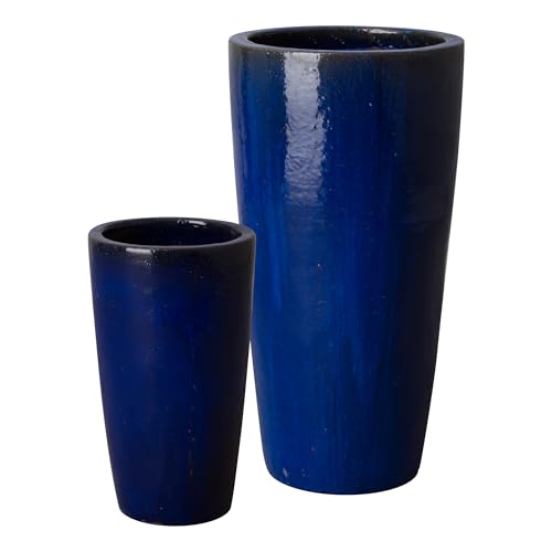 Emissary Home and Garden 18.5in. L x 36in. H Blue Stoneware Round Planters with High-fire Treatment (Set of 2)