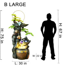Rustic Pot Cascade Water Fountain with LED Lights – Indoor/Outdoor Decorative Waterfall Feature for Home and Garden(B Large)