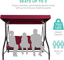 3-Seat Outdoor Large Converting Canopy Swing Glider, Patio Hammock Lounge Chair for Porch,Porch Swing Backyard w/Flatbed, Adjustable Shade, Removable Cushions - Burgundy sadr3