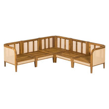 Merax 5 Piece Patio Outdoor Furniture Set, All-Weather Rattan Wicker L-Shaped Sectional Sofa w/Cushions, Acacia Wood 5-Seater Couch Set for Porch, Lawn, Backyard, Balcony, Teak+ Beige