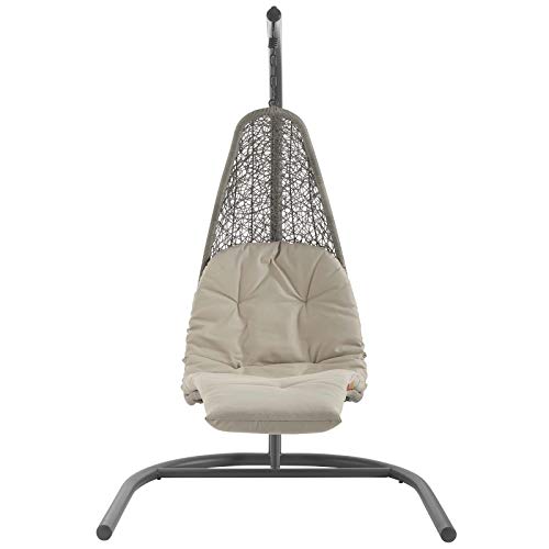 Modway Landscape Wicker Rattan Outdoor Patio Porch Chaise Lounge Swing Chair Set with Stand Light Gray Beige