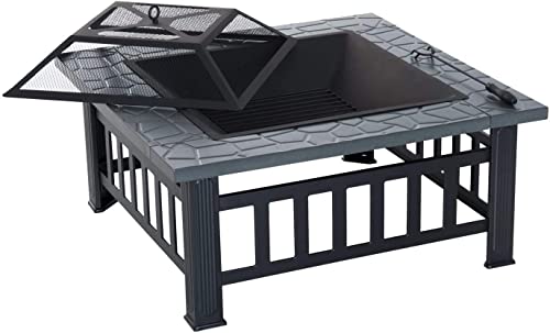 BBQ Grill Outdoor Fire Pit BBQ Grill, Outdoor Square Metal Firepit, Garden Fire Pits,Fireplace Garden Stove BBQ Fire Pit Charcoal Rack with Mesh Cover,Outdoor Fire Pits
