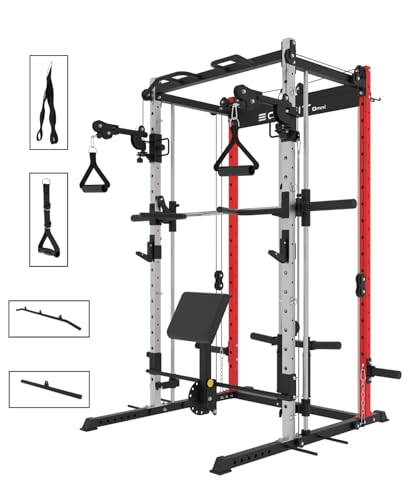 EonfitOmni Power Rack Smith Machine with Cable Crossover Red (with Pad Support)