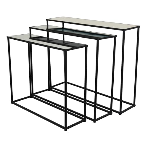 Benzara Kellie Nesting Plant Stand Table Set of 3, Black Metal, Glass Tops