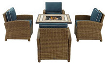 Crosley Furniture Bradenton 5-Piece Wicker Outdoor Patio Set with Propane Fire Pit, Brown with Navy Cushions