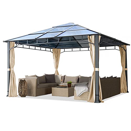 TOOLPORT 13x13 ft Hardtop Gazebo Polycarbonate Roof, Champagne
