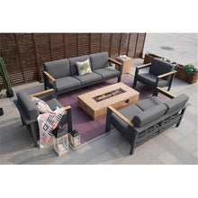 Aluminum 7-Person Seating Group with Fire Pit and Gray Cushions