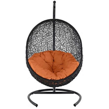 Afuera Living Outdoor Patio Swing Chair, Orange Finish, Rattan Seat, Espresso Metal Stand, Plush Water-Resistant White Cushions, 71" H x 40" W x 43.5" D, Hanging Chair for Garden or Patio Use